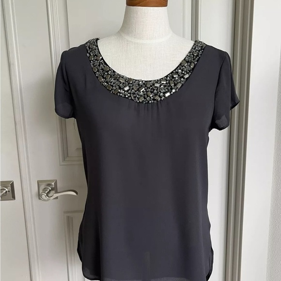 Socialite Tops - Socialite Gray Embellished Short Sleeve Blouse Rhinestone Size L Career